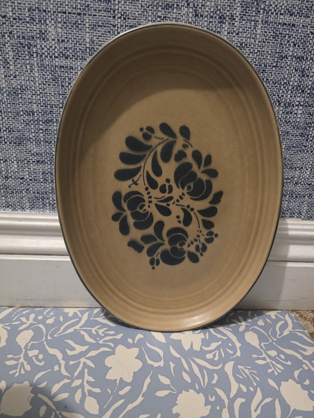 Vintage Pfaltzgraff Folk Art 14" Oval Serving Platter - Tan & Blue Floral